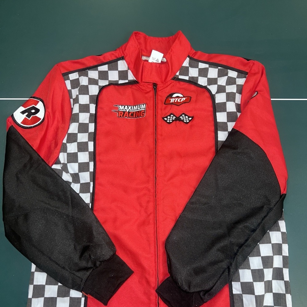Men's Racecar Driver Red Jumpsuit NASCAR Costume Size XL Halloween Checkered